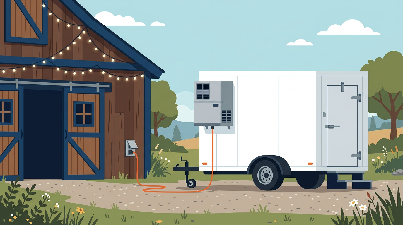 Illustration of a refrigerated trailer plugged in beside a barn venue