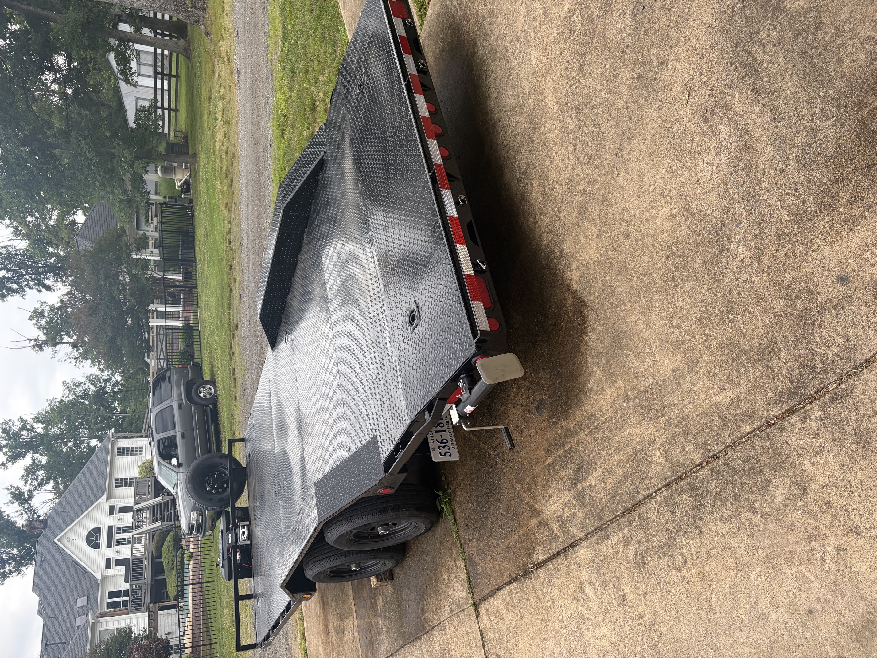 Sturdy Rentals 102 inch by 20 foot car hauler trailer rear view available for rent in Northern Virginia